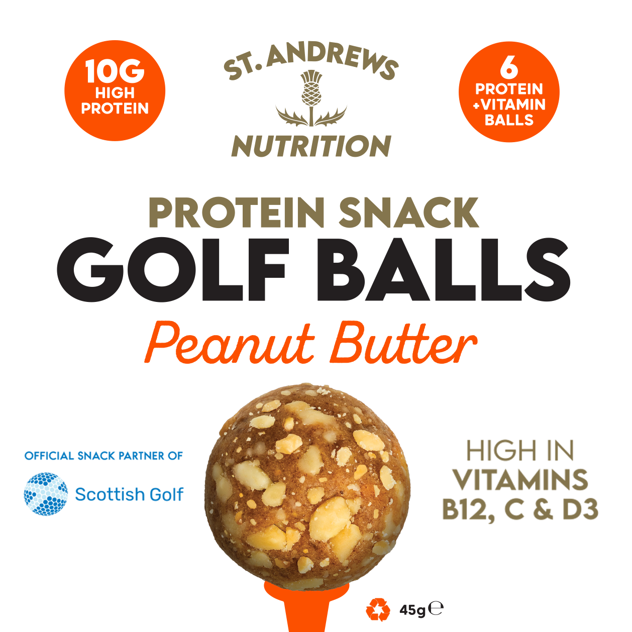 Protein snack golf balls packaging with St. Andrews Nutrition branding and product details.