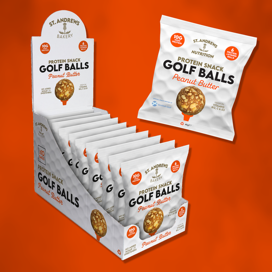 St. Andrew's Bakery Protein Snack Golf Balls packaging on an orange background
