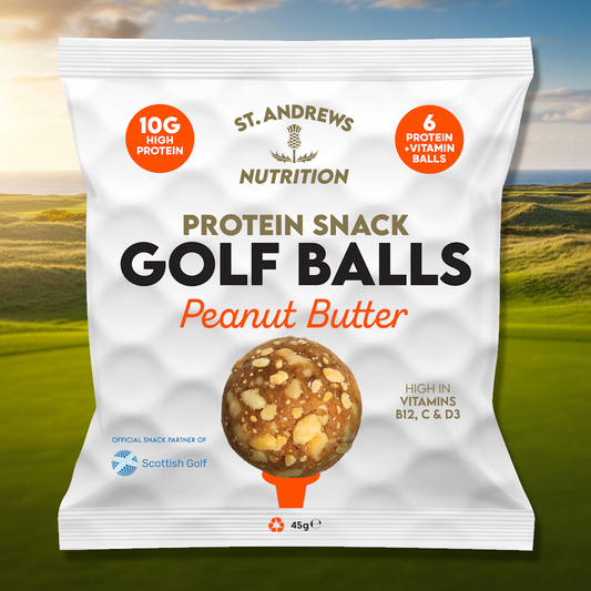 Protein snack package labeled 'Golf Balls' with a scenic background