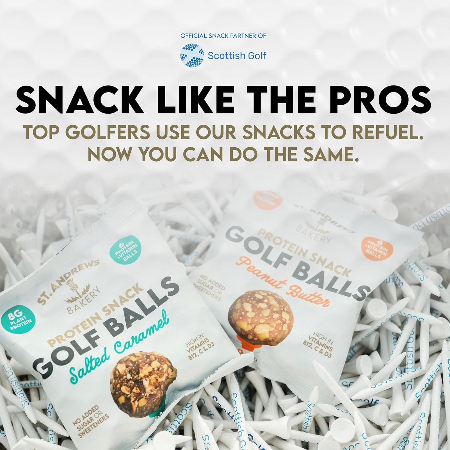 Protein snack packages with text promoting golf snacks on a white background