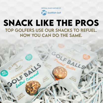 Protein snack packages with text promoting golf snacks on a white background