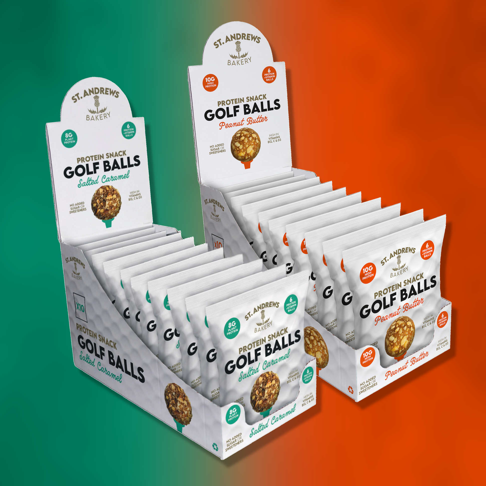 Display of St. Andrews Bakery Protein Snack Golf Balls packaging on a gradient background
