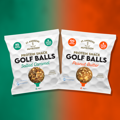 Two packages of St. Andrews Nutrition Protein Snack Golf Balls on a gradient background