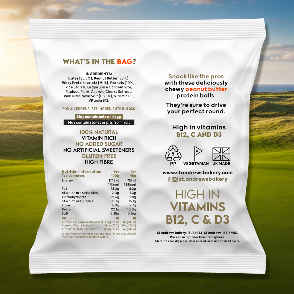White protein bar package with nutritional information against a scenic background