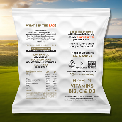 White protein bar package with nutritional information against a scenic background