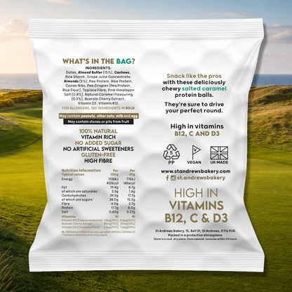 Product packaging with nutritional information and branding against a scenic background