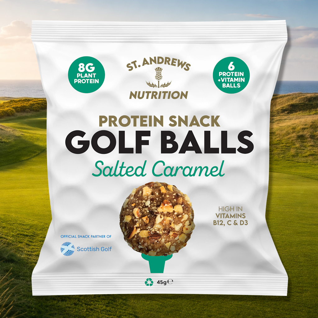 Protein snack package labeled 'Golf Balls' with a scenic background
