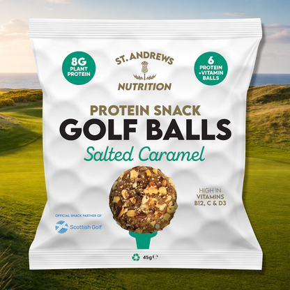 Protein snack package labeled 'Golf Balls' with a scenic background