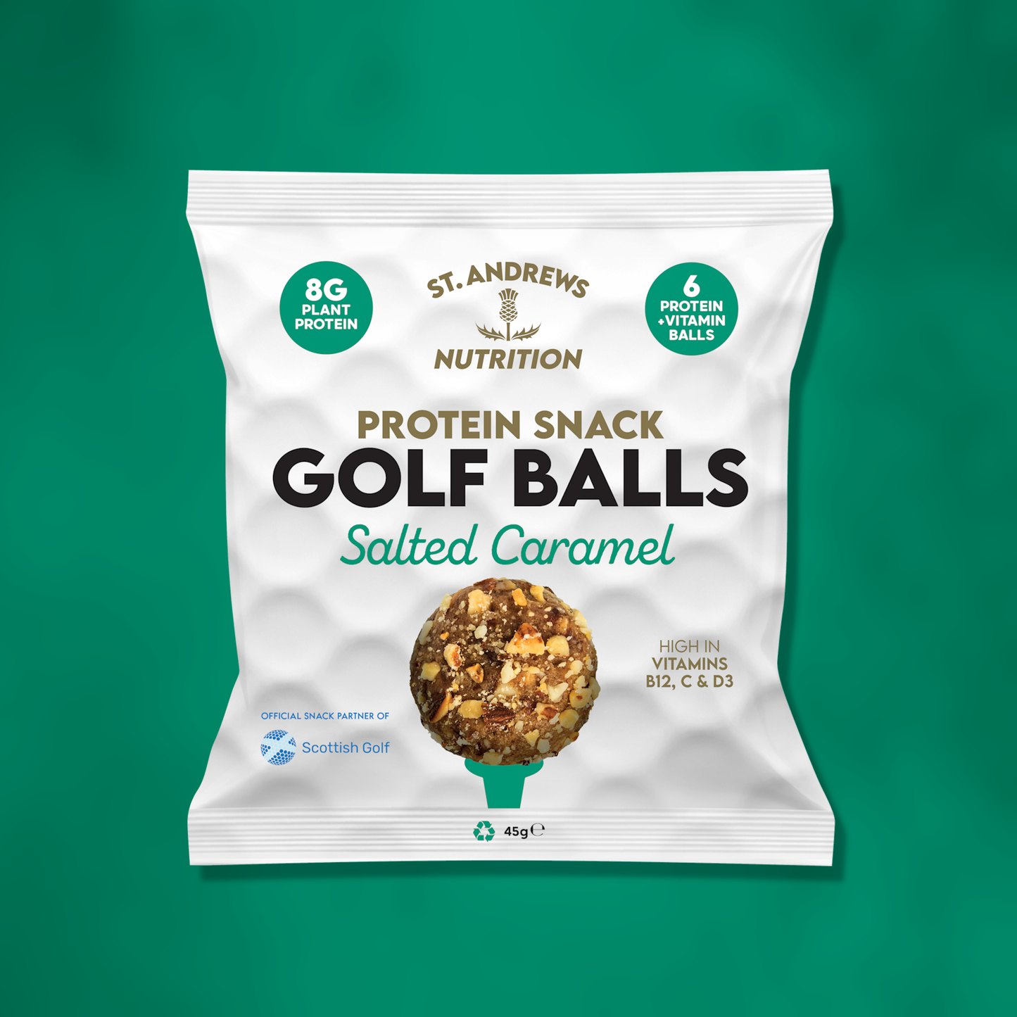 Protein snack package labeled 'Golf Balls' with St. Andrews Nutrition branding on a green background