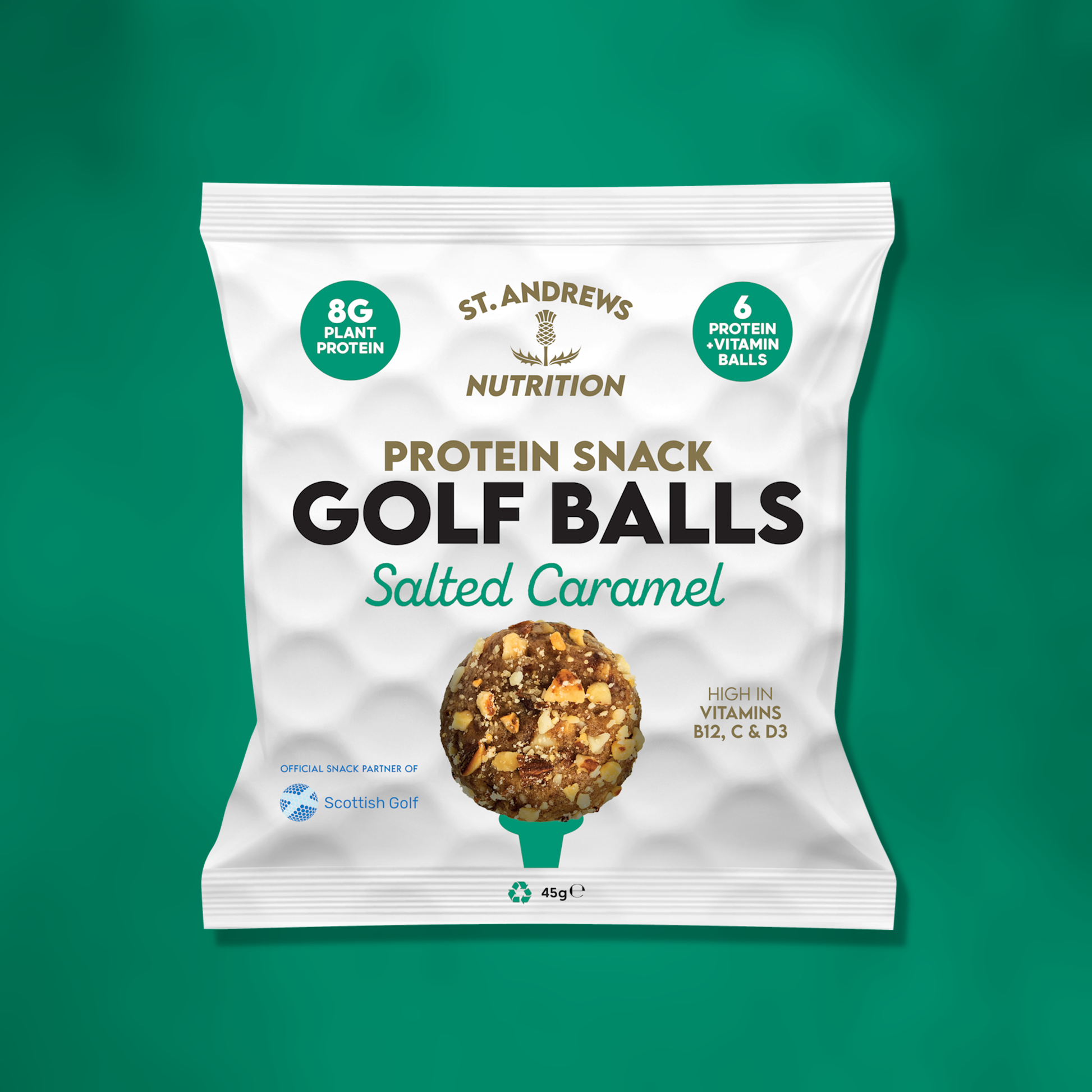 Protein snack package labeled 'Golf Balls' with St. Andrews Nutrition branding on a green background