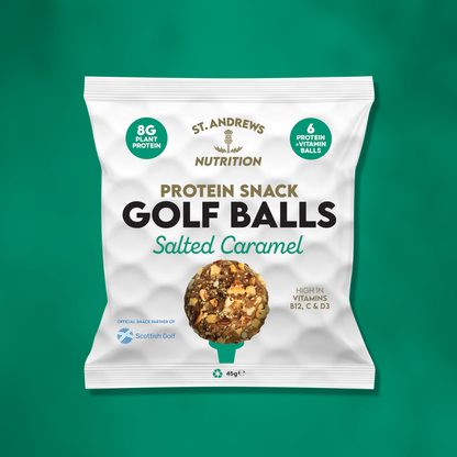 Protein snack package labeled 'Golf Balls' with St. Andrews Nutrition branding on a green background